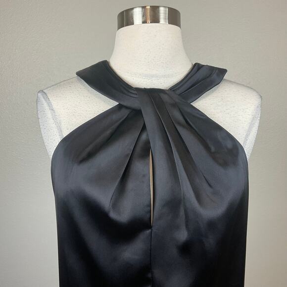 Eliza J Black Satin Feather Trimmed Sleeveless Mini Shift Cocktail Dress Size 10 - Picture 7 of 12